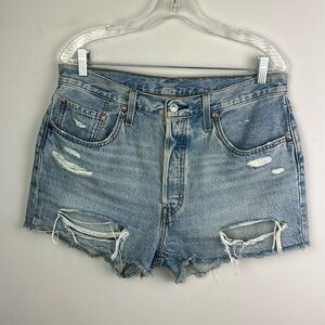 Levi’s 501 Distressed Raw Hem Jean Shorts Cutofffs High Waisted Size 32 Cotton